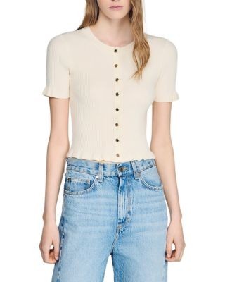 Sandro Area Ruffled Rib Knit Cardigan