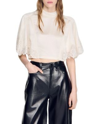 Sandro Voltige Satin Lace Trim Top