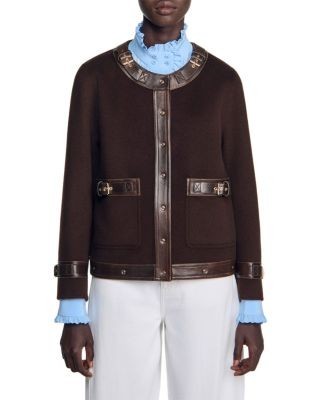 Sandro Greenwich Wool Blend Leather Trim Jacket