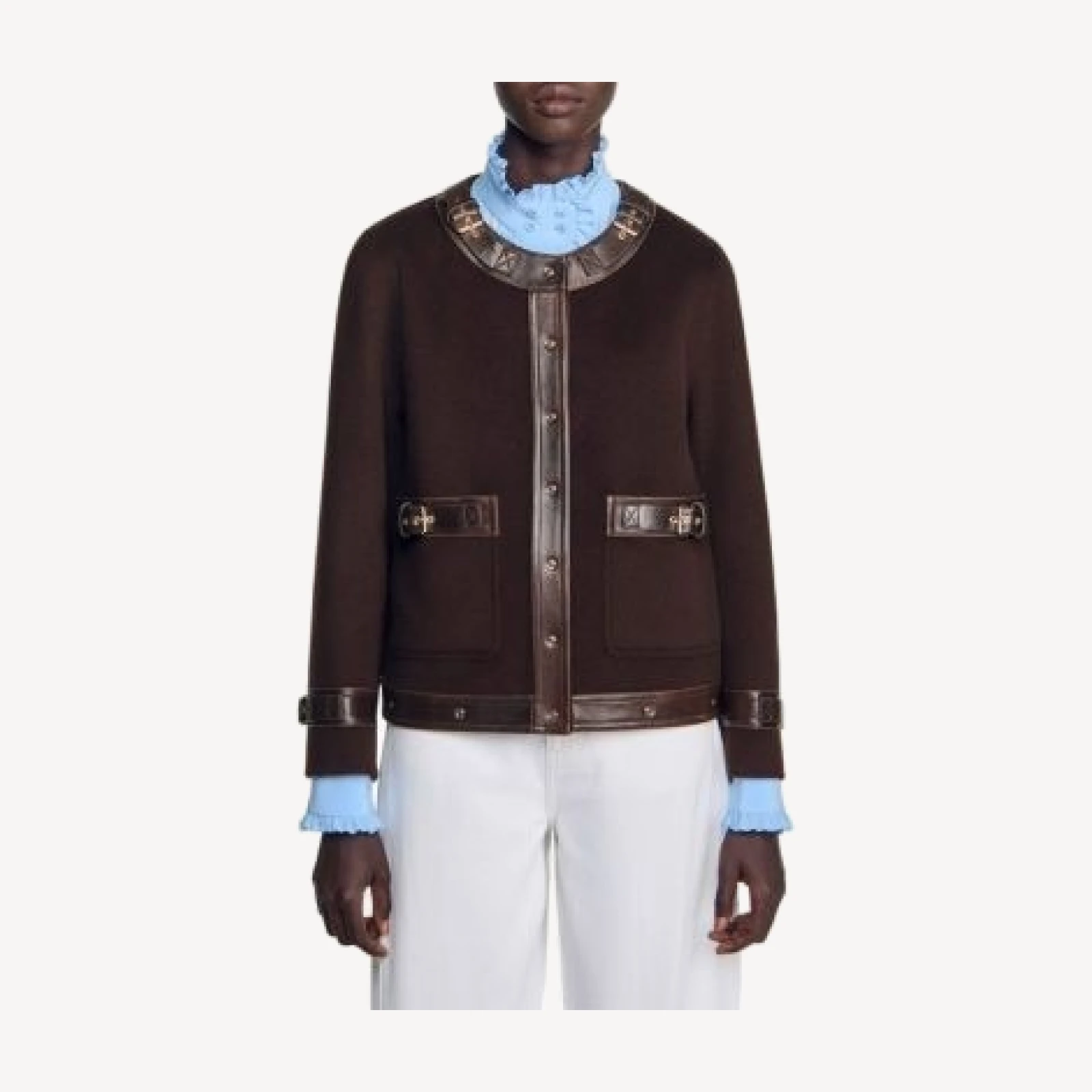 Sandro Greenwich Wool Blend Leather Trim Jacket