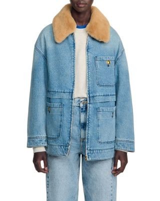 Sandro Cameron Cotton Denim Coat with Faux Fur Collar