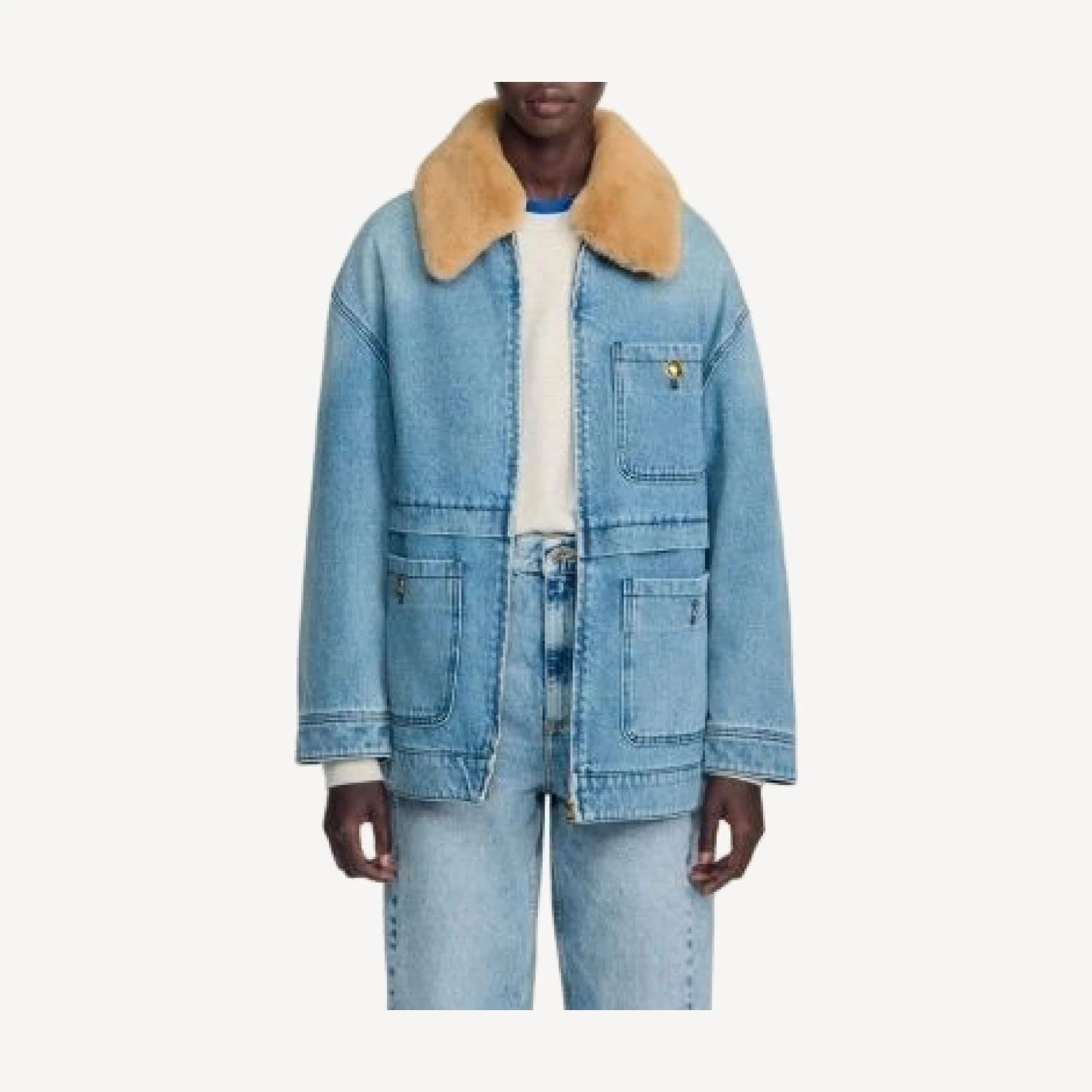Sandro Cameron Cotton Denim Coat with Faux Fur Collar