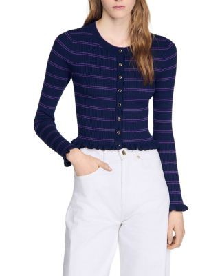 Sandro Reanne Ruffled Striped Knit Cardigan
