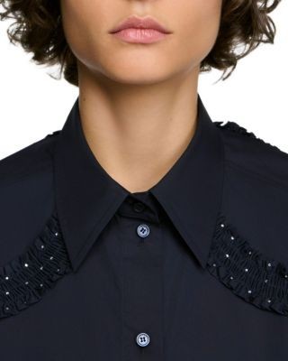 Sandro Litchi Cotton Rhinestone Trim Shirt