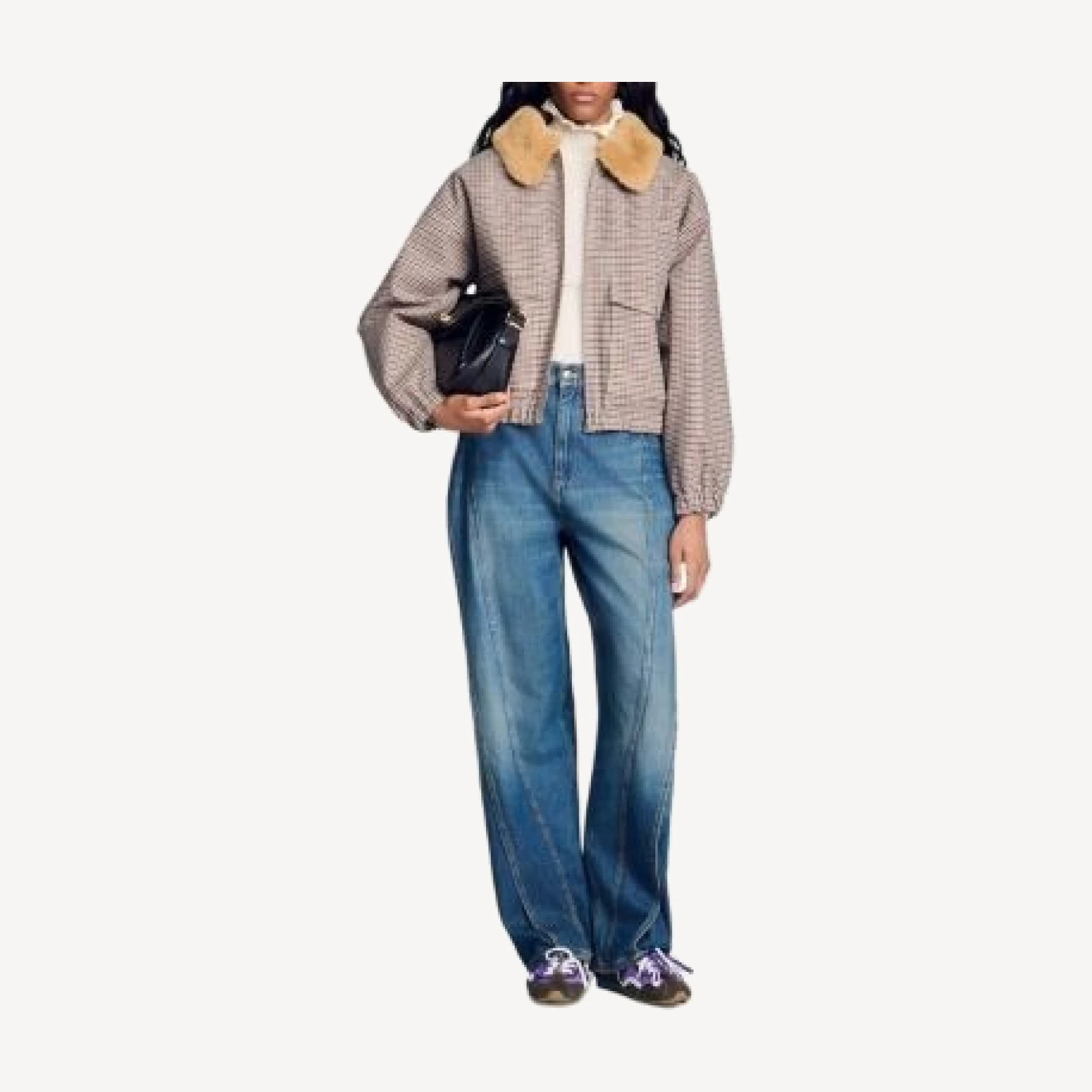 Sandro Faux Fur Lined Check Coat