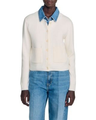 Sandro Miky Layered Look Denim Collar Cardigan