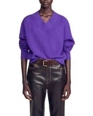 Sandro Wool & Cashmere Ribbed V Neck Sweater