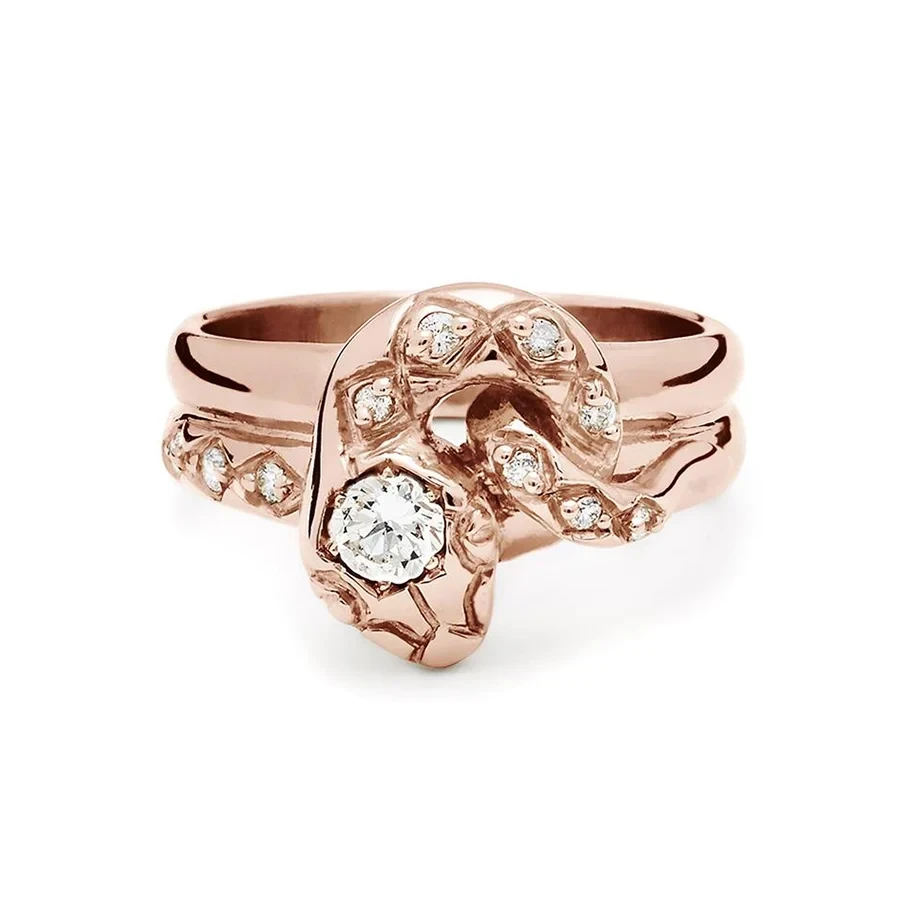 Diamond Dusted Victorian Serpent Ring - 14k Gold & White Diamond
