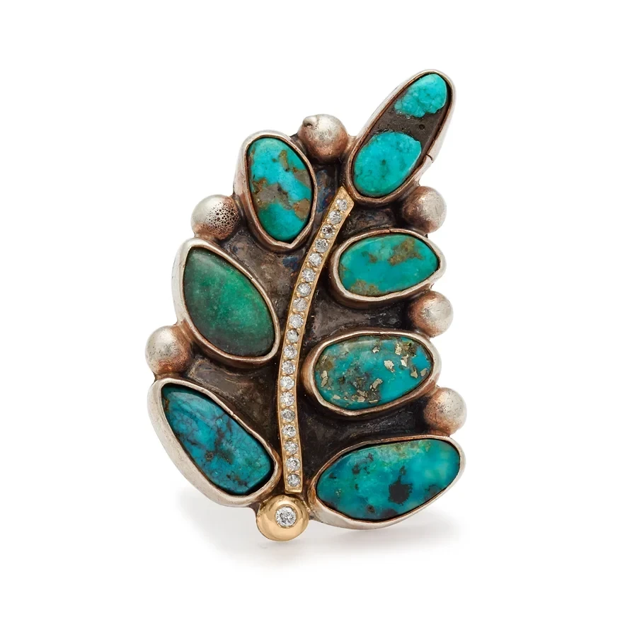 Vintage Beaded Leaf Ring - Silver, Yellow Gold & Grey Diamonds