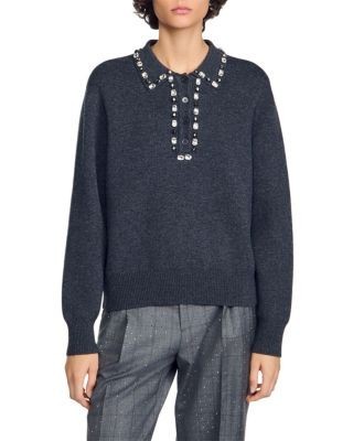 Sandro Antonia Embellished Polo Collar Sweater