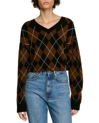 Sandro Wade Wool & Cashmere Rhinestone Argyle V Neck Sweater