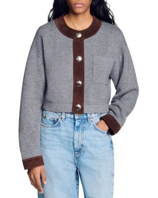 Sandro Parker Suede Trim Cardigan Sweater