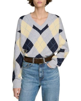 Sandro Jennie Wool Rhinestone Argyle Sweater