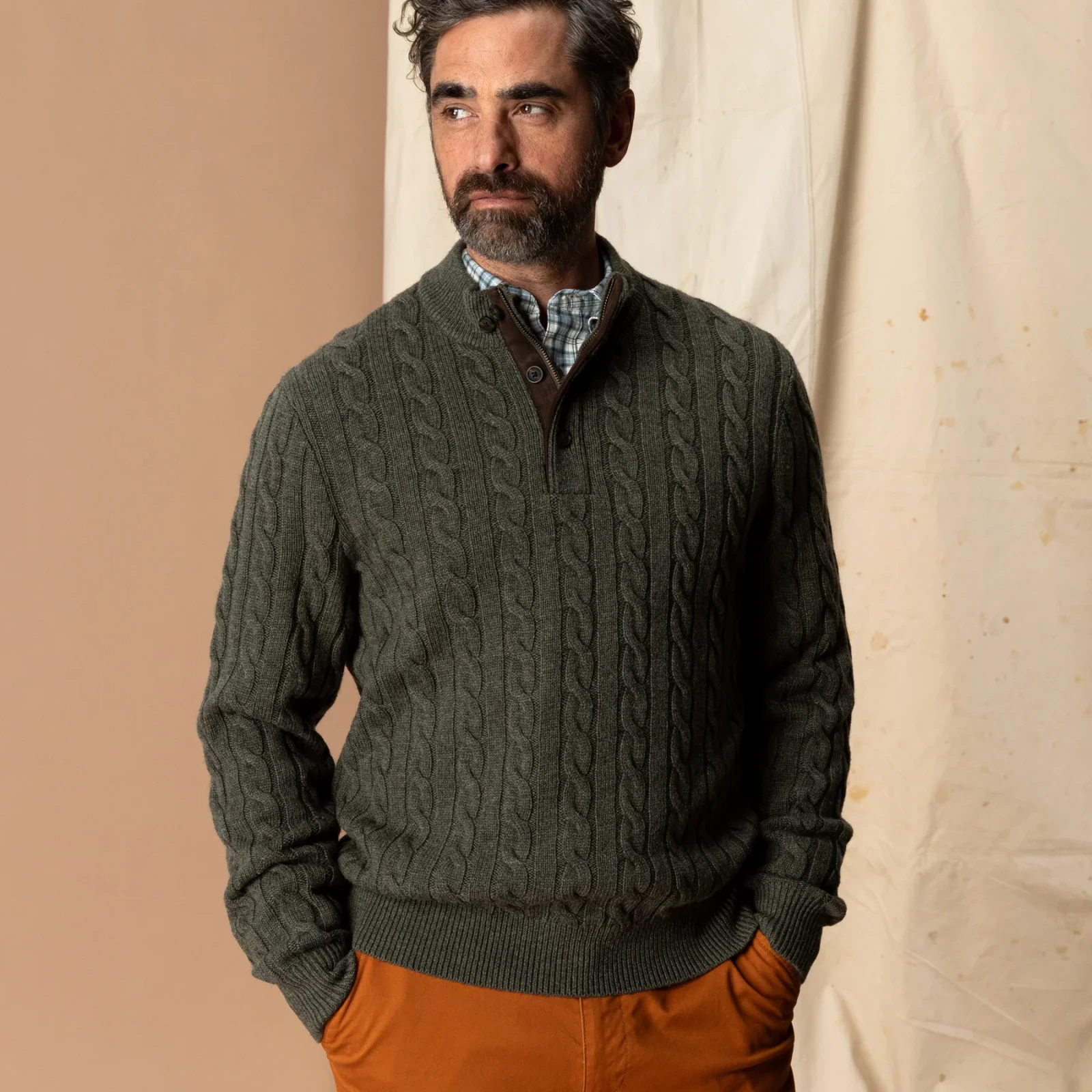 Walcott Merino Cashmere Cable Knit 1/4 Zip Sweater - Dark Olive Heather
