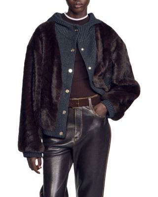 Sandro Theodore Faux Fur Ribbed Trim Jacket