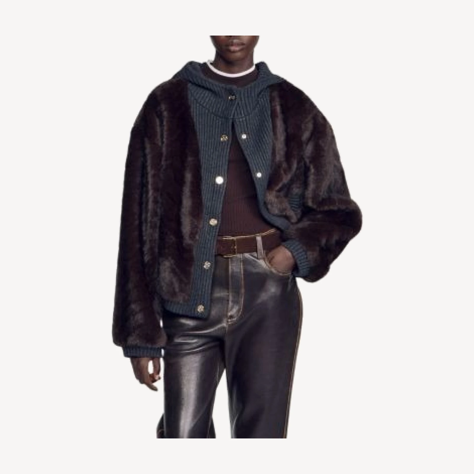 Sandro Theodore Faux Fur Ribbed Trim Jacket