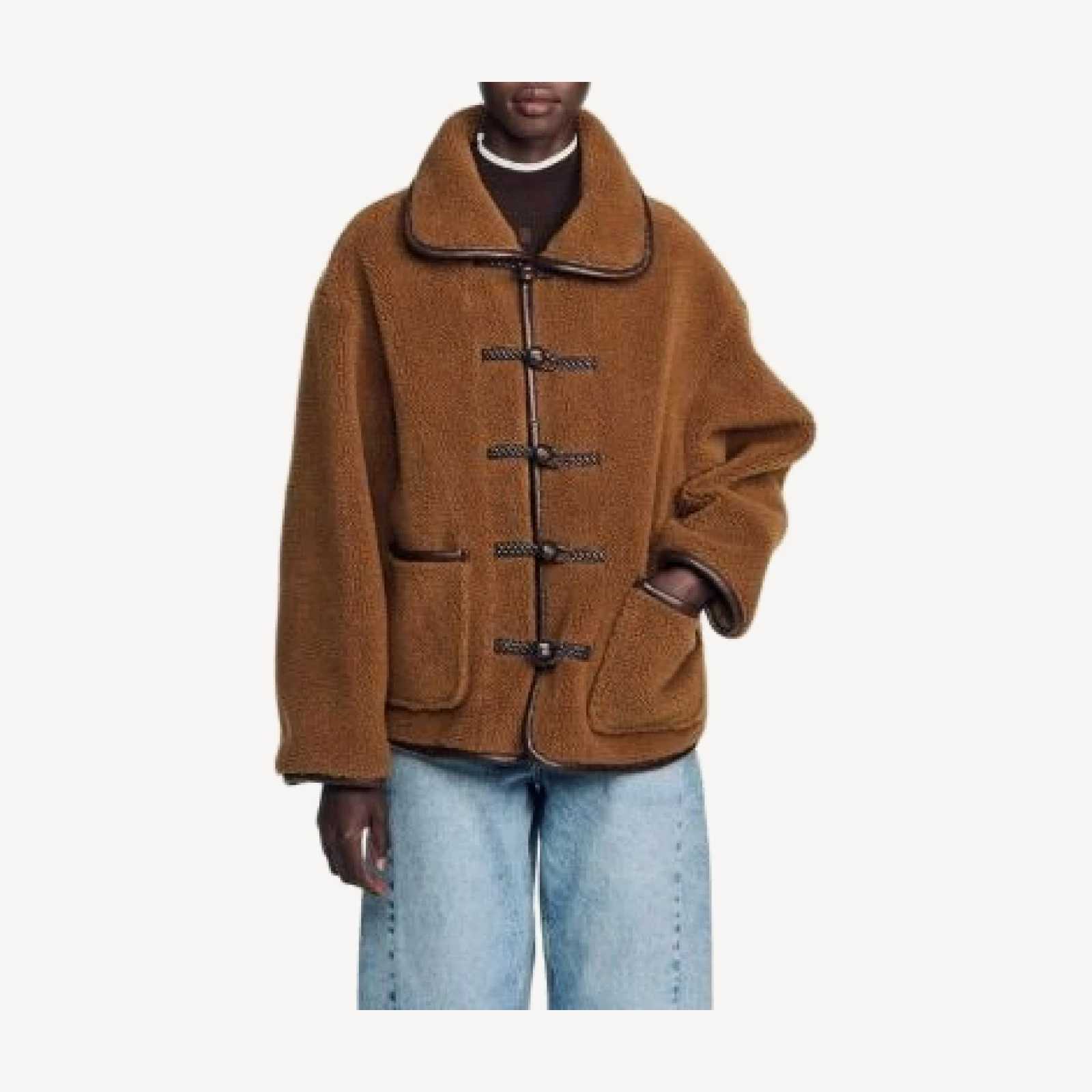 Sandro Sulivan Leather Trim Faux Fur Jacket