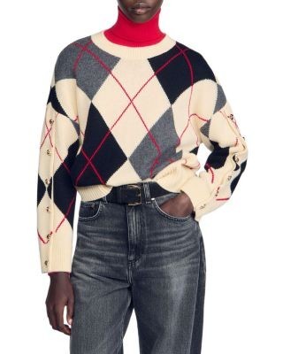 Sandro Gracie Wool & Cashmere Button Sleeve Argyle Sweater