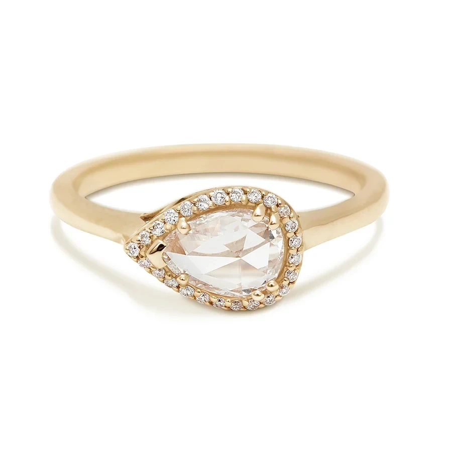 Petite Pear Luna Ring - Yellow Gold & Rose Cut White Diamond (0.50ct)