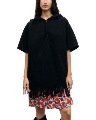 Gerard Darel Ady Hooded Fringe Hem Cape Coat