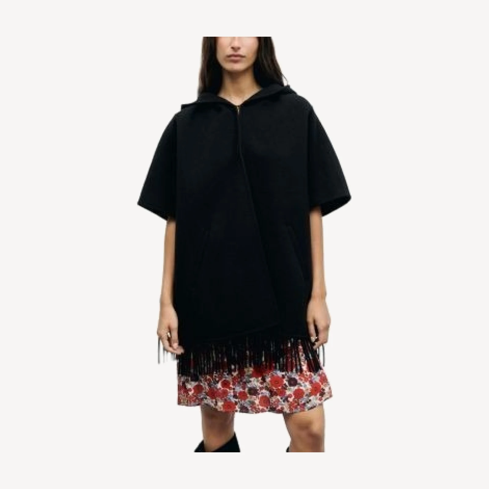 Gerard Darel Ady Hooded Fringe Hem Cape Coat