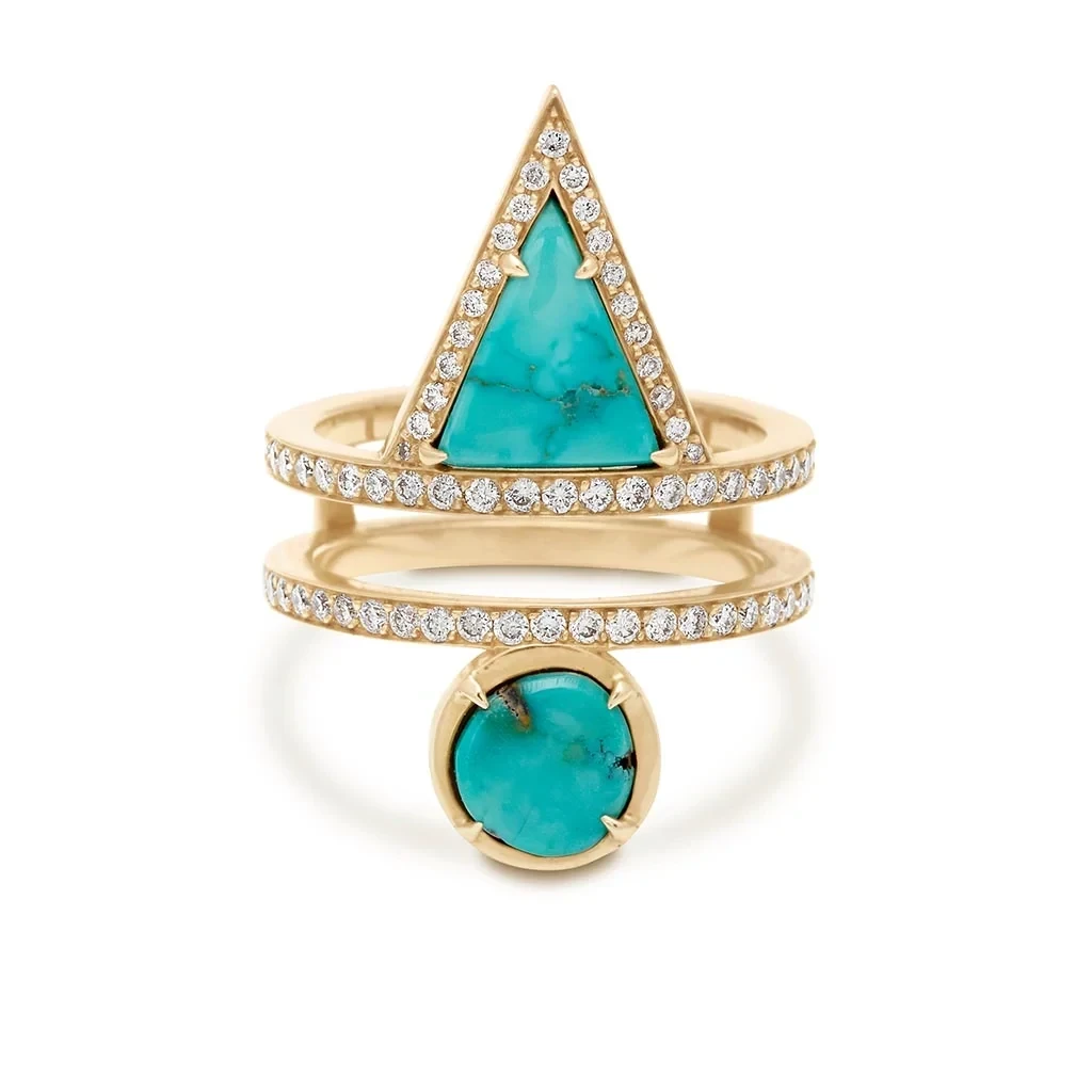 Reverse Attelage Ring - Yellow Gold, Turquoise & White Diamond