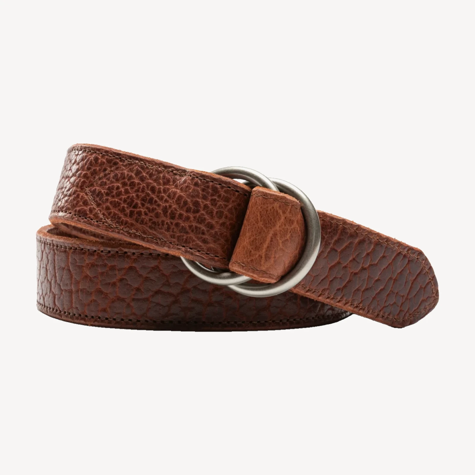 Pebbled Bison Leather O-Ring Belt - Dark Brown