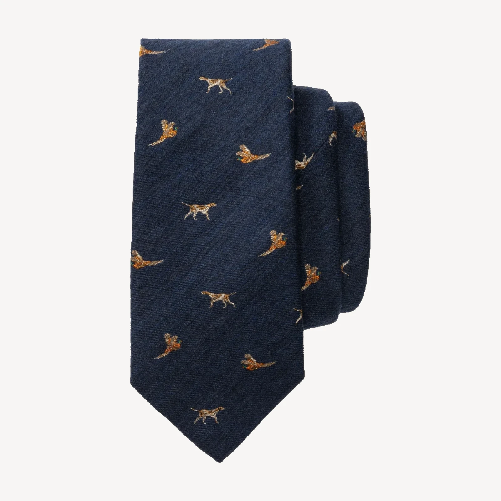 Wool Silk Dog & Pheasant Motif Tie - Indigo Blue