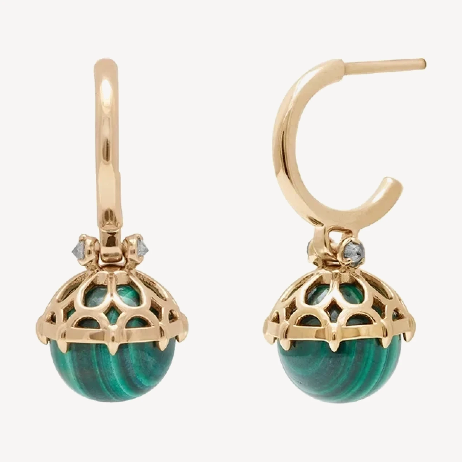 Emma Lace Cap Hoops - 14k Yellow Gold, Malachite (8.35mm) & Grey Diamonds