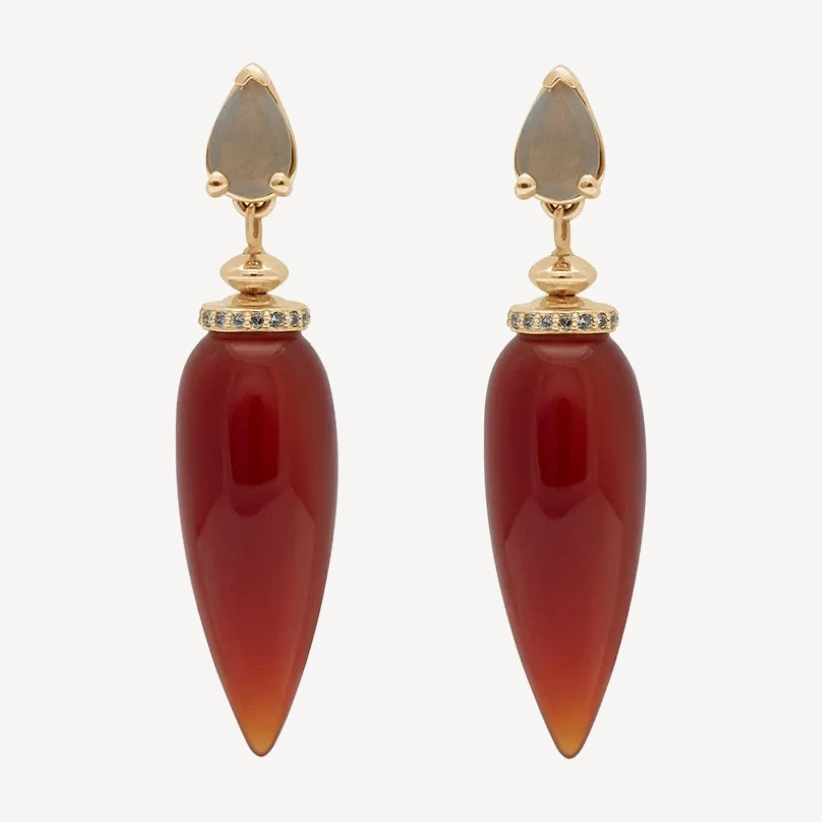 Luna Pendulum Earrings (PAIR) - Yellow Gold, Carnelian & Grey Diamonds