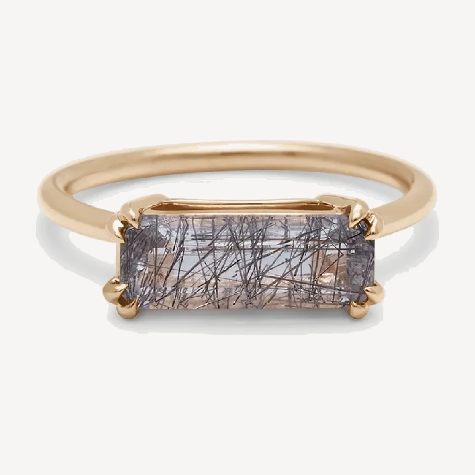 Elongated Bea East/West Solitaire Ring - Yellow Gold & Black Rutilated Quartz