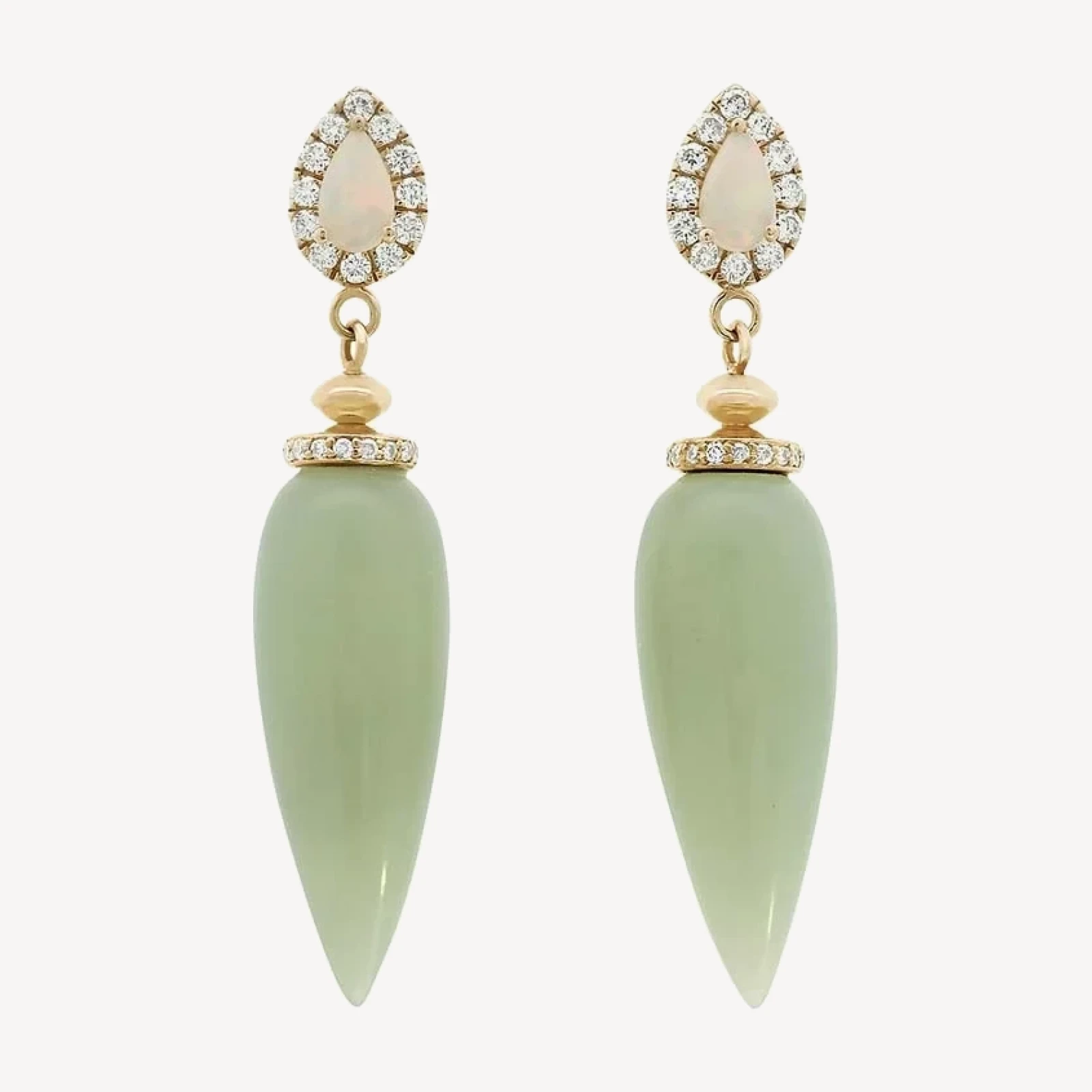 Luna Halo Pendulum Earrings - Yellow Gold, Serpentine & Opal