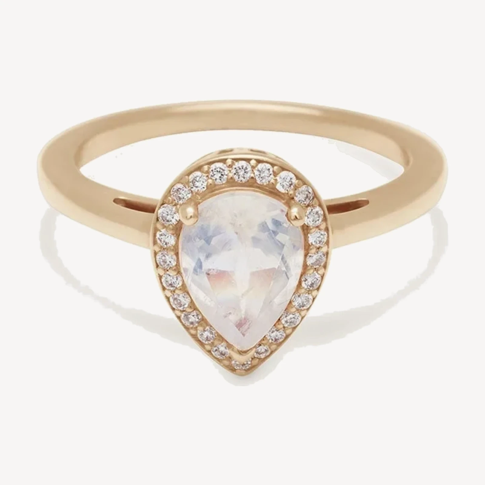 Pear Rosette Ring - Yellow Gold & Rainbow Moonstone (7x5mm)