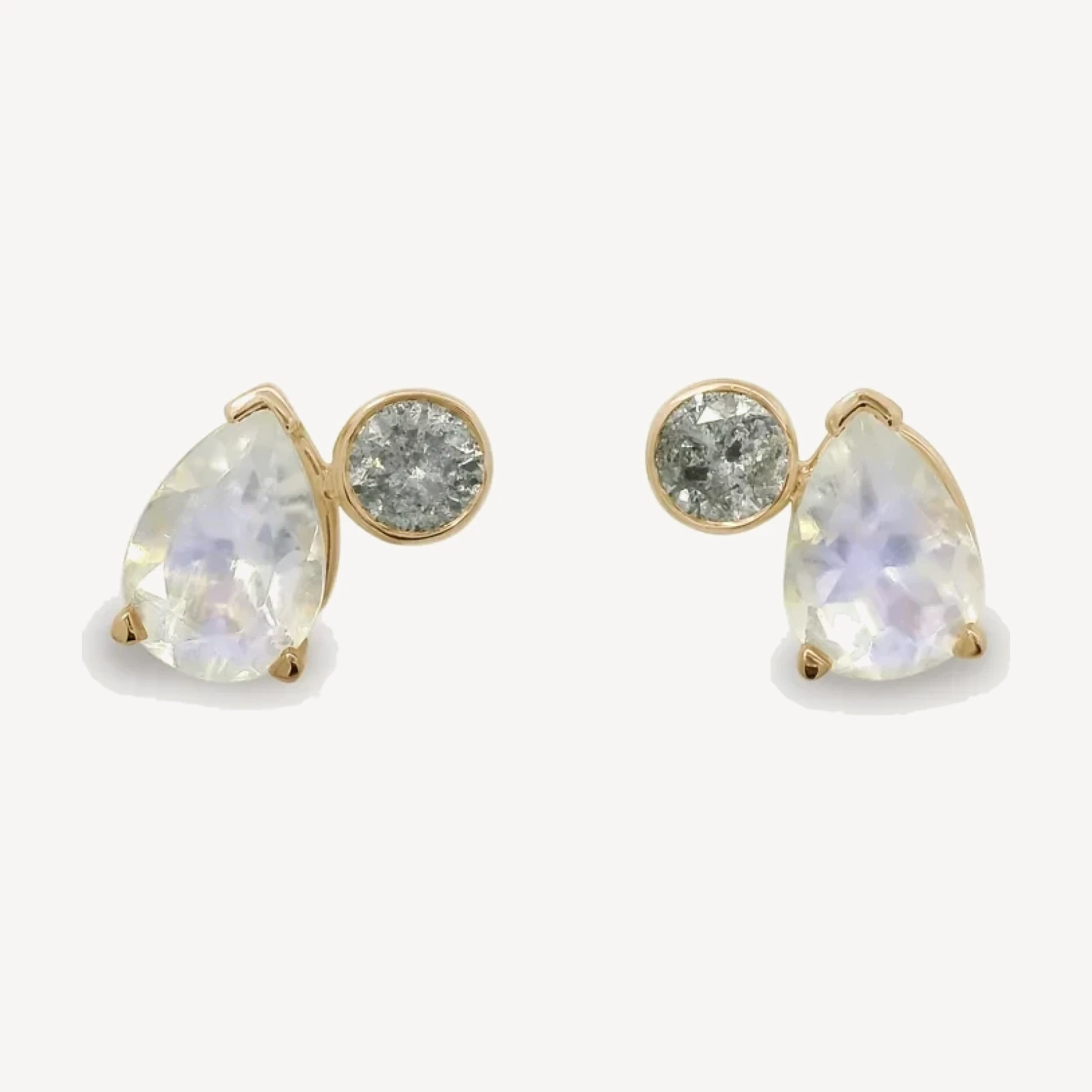 Toi Et Moi Studs (Medium) PAIR - Yellow Gold, Rainbow Moonstone & Grey Diamonds