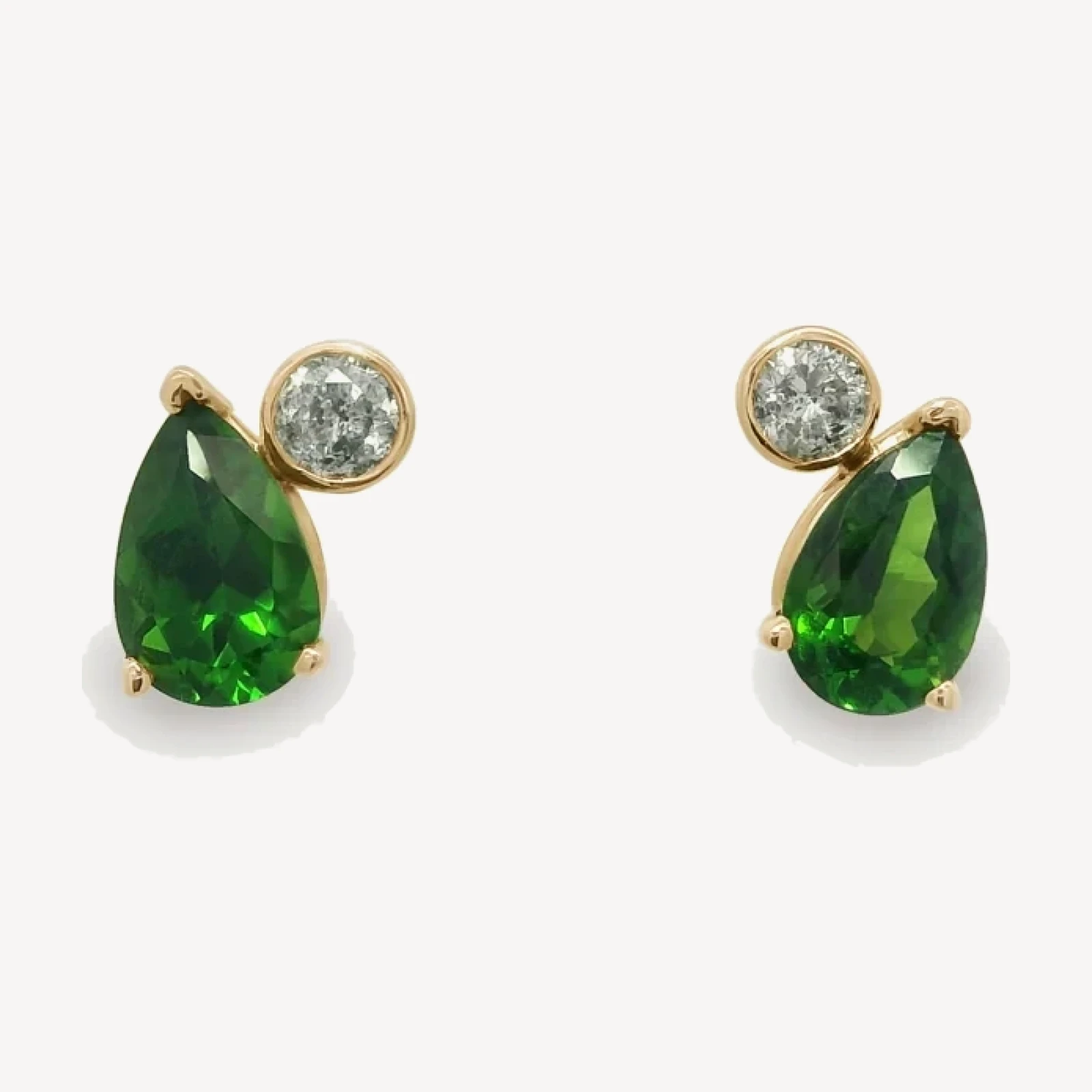 Toi Et Moi Studs (Petit) PAIR - Yellow Gold, Chrome Green Diopside & Grey Diamonds