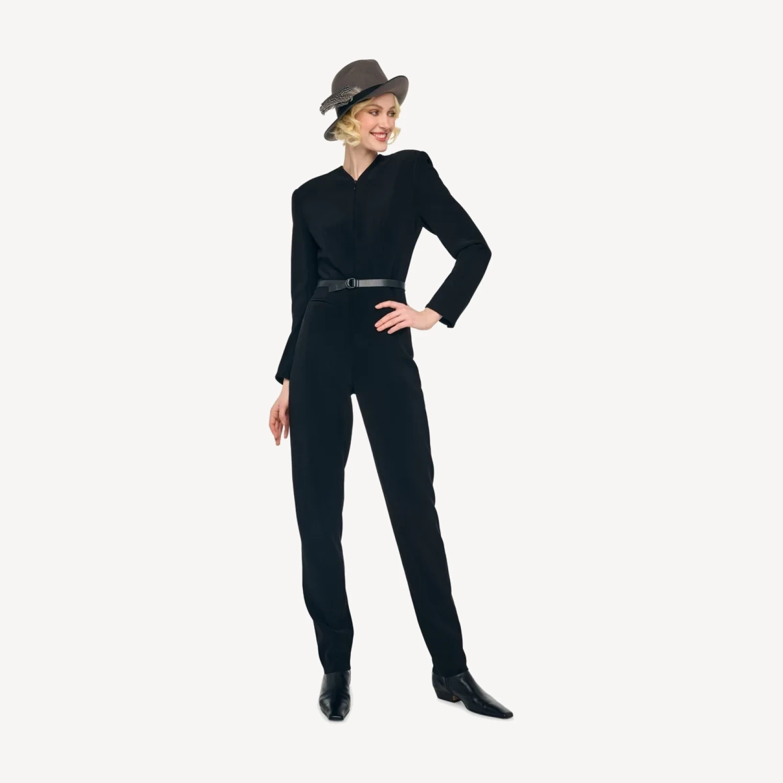 LS V NECK ZIP FRONT TAPERED JUMPSUIT