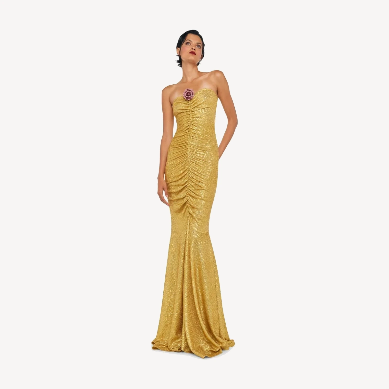 STRAPLESS SHIRRED FRONT FISHTAIL GOWN