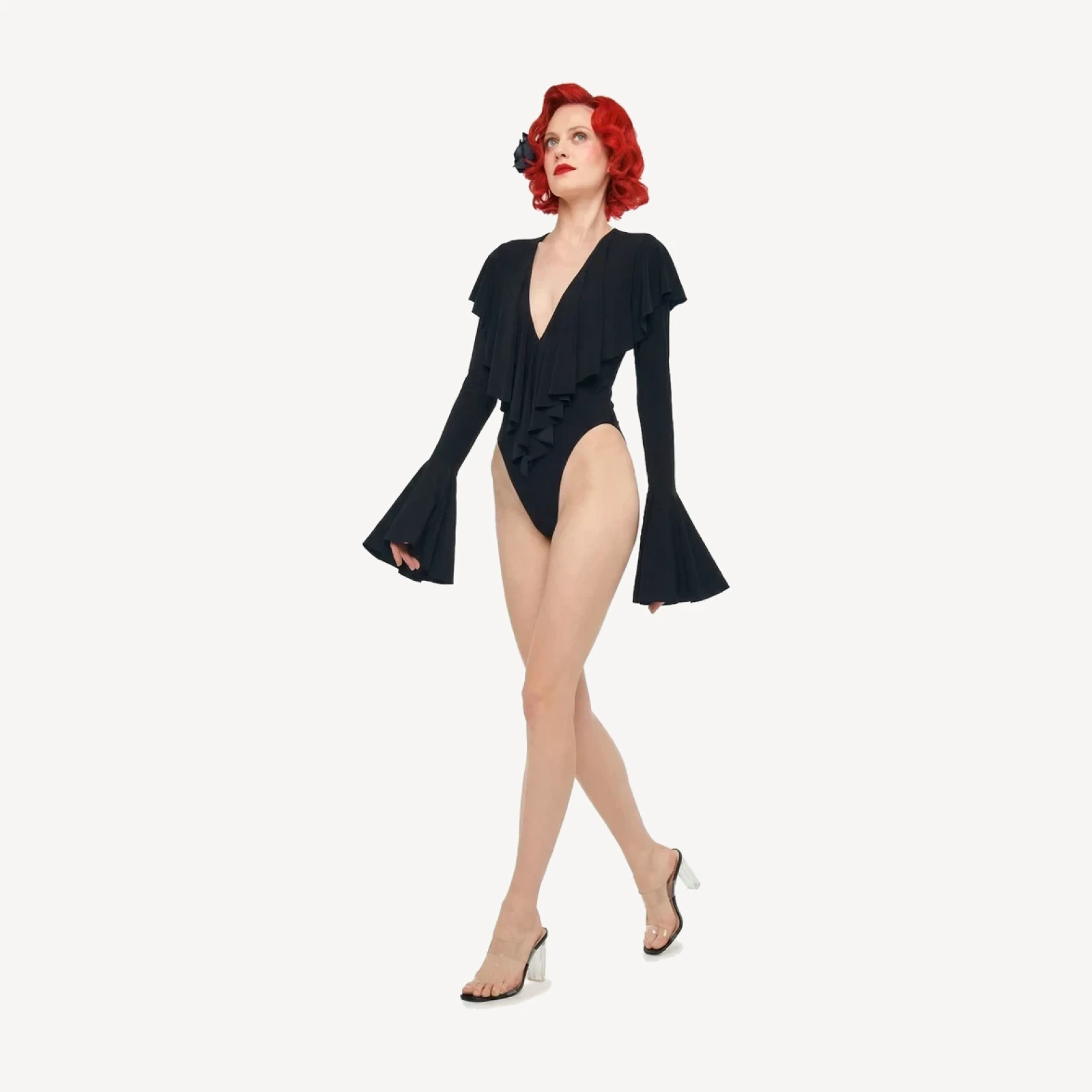 LONG SLEEVE DEEP V RUFFLE BODYSUIT