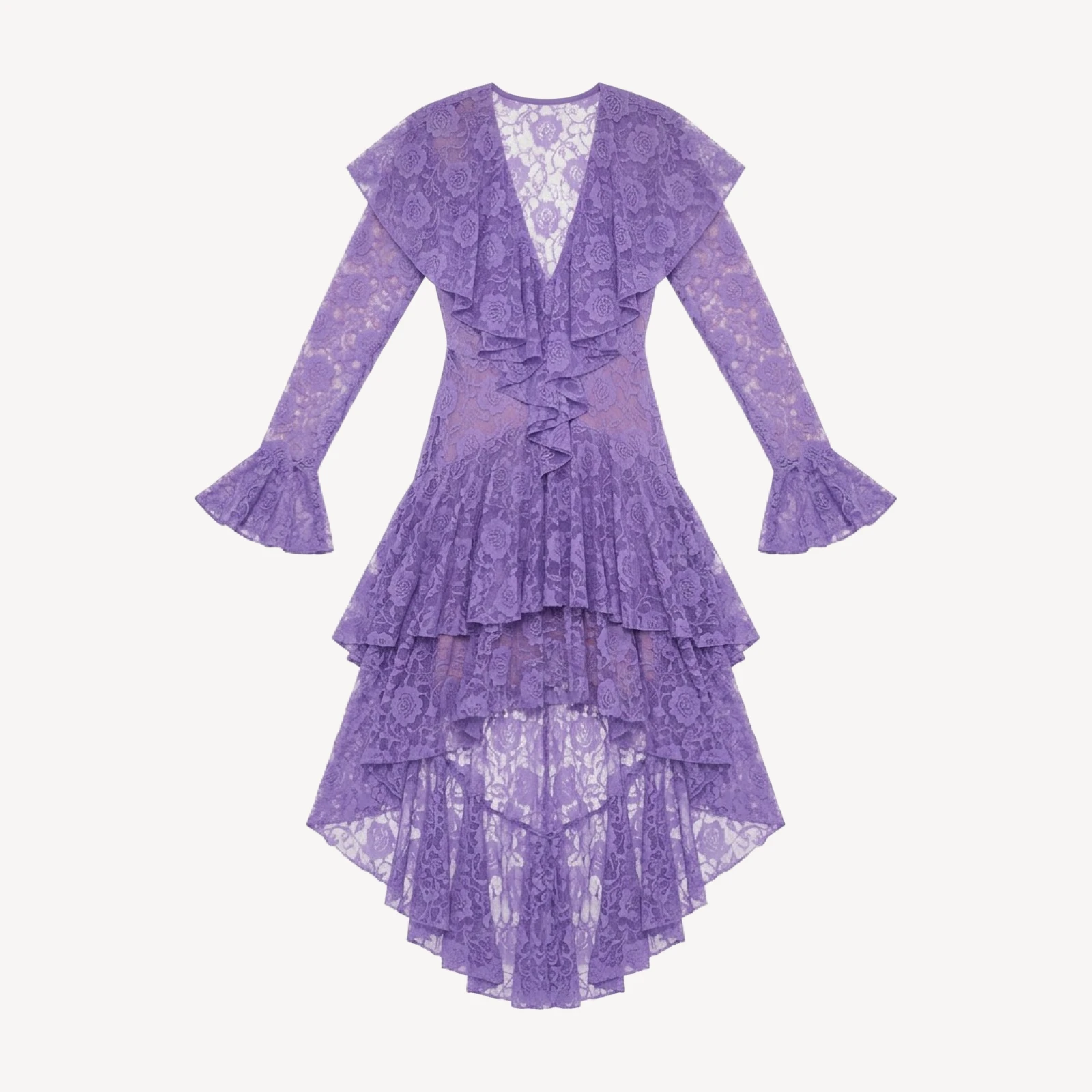 HI LOW LONG SLEEVE DEEP V RUFFLE GOWN