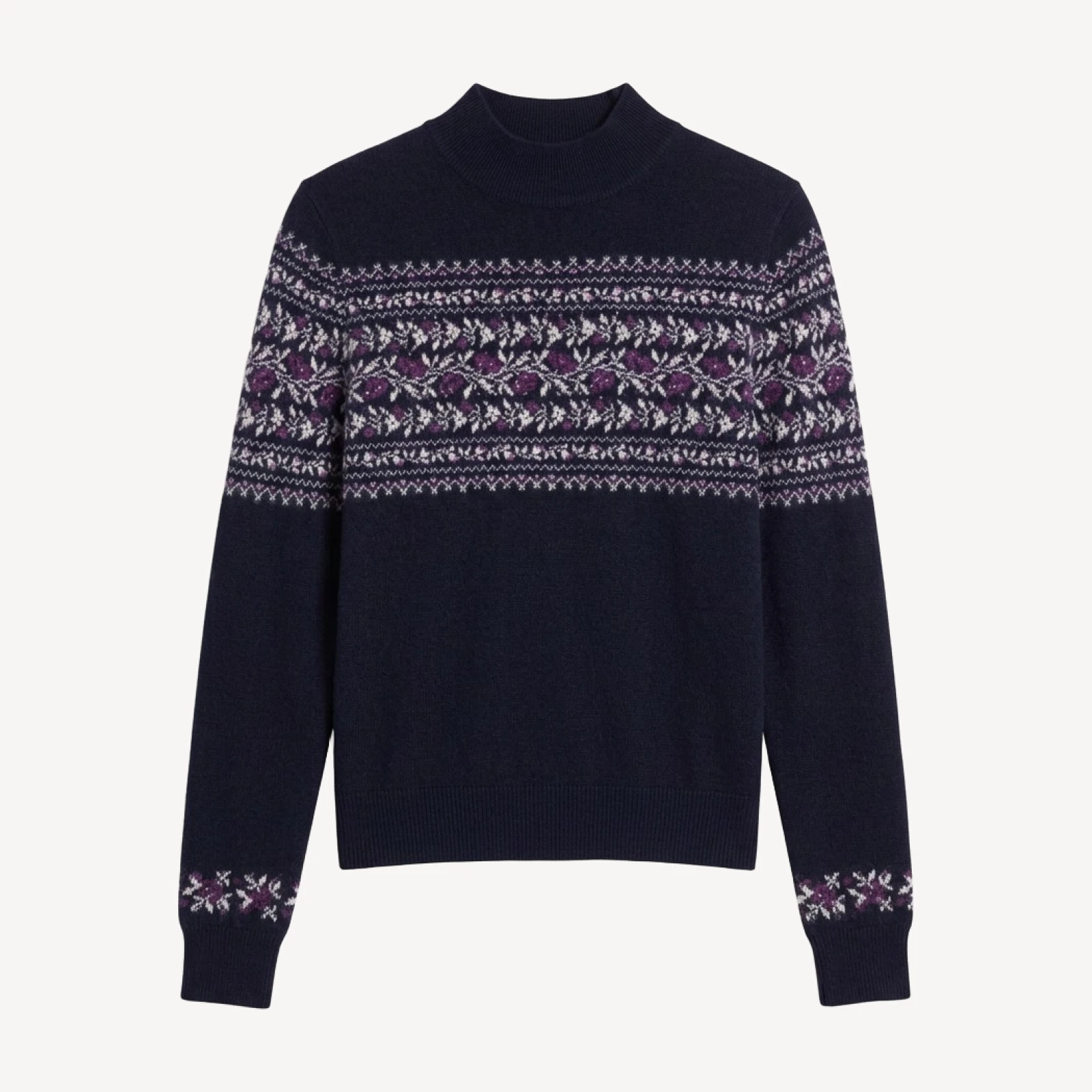 Vince Cashmere Flower Fair Isle Mock Neck Sweater