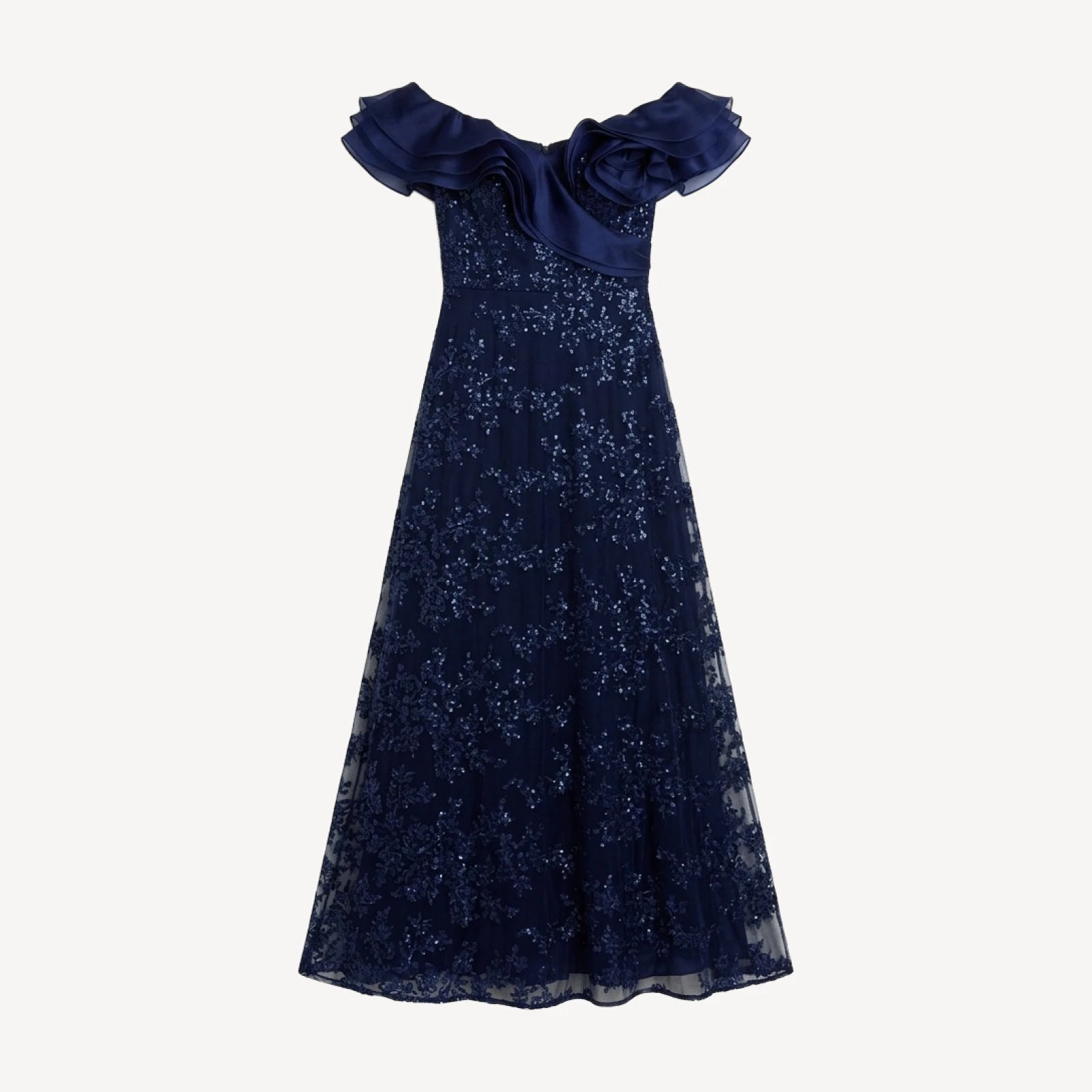Teri Jon by Rickie Freeman Organza Off Shoulder Sequin Embroidered Tulle Gown