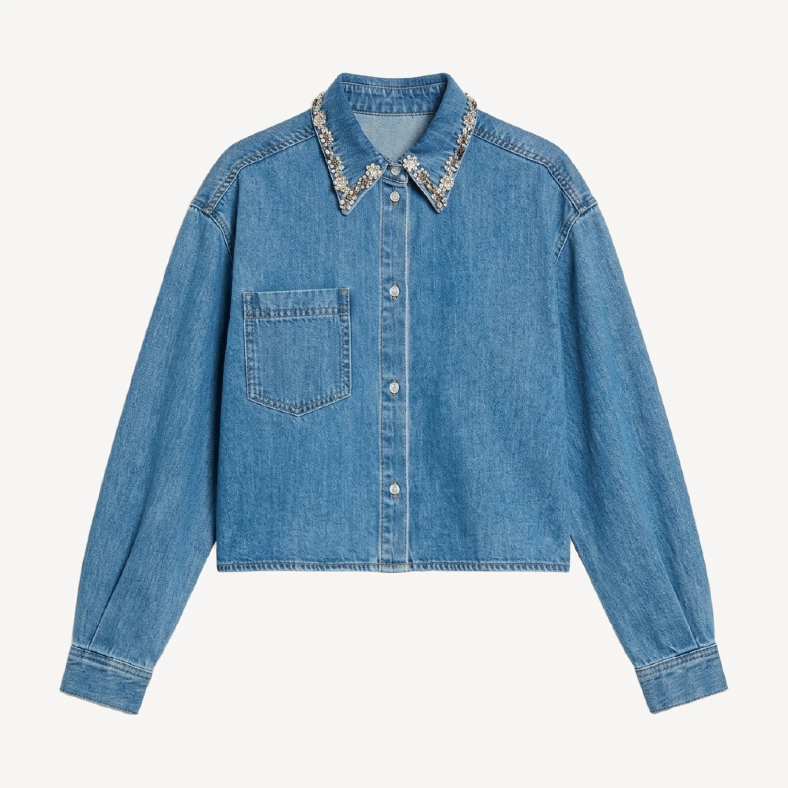 Sandro Carmella Denim Rhinestone Trim Cropped Shirt